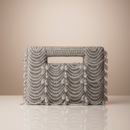 Kate Handcrafted Beaded Scallop Clutch- Silver